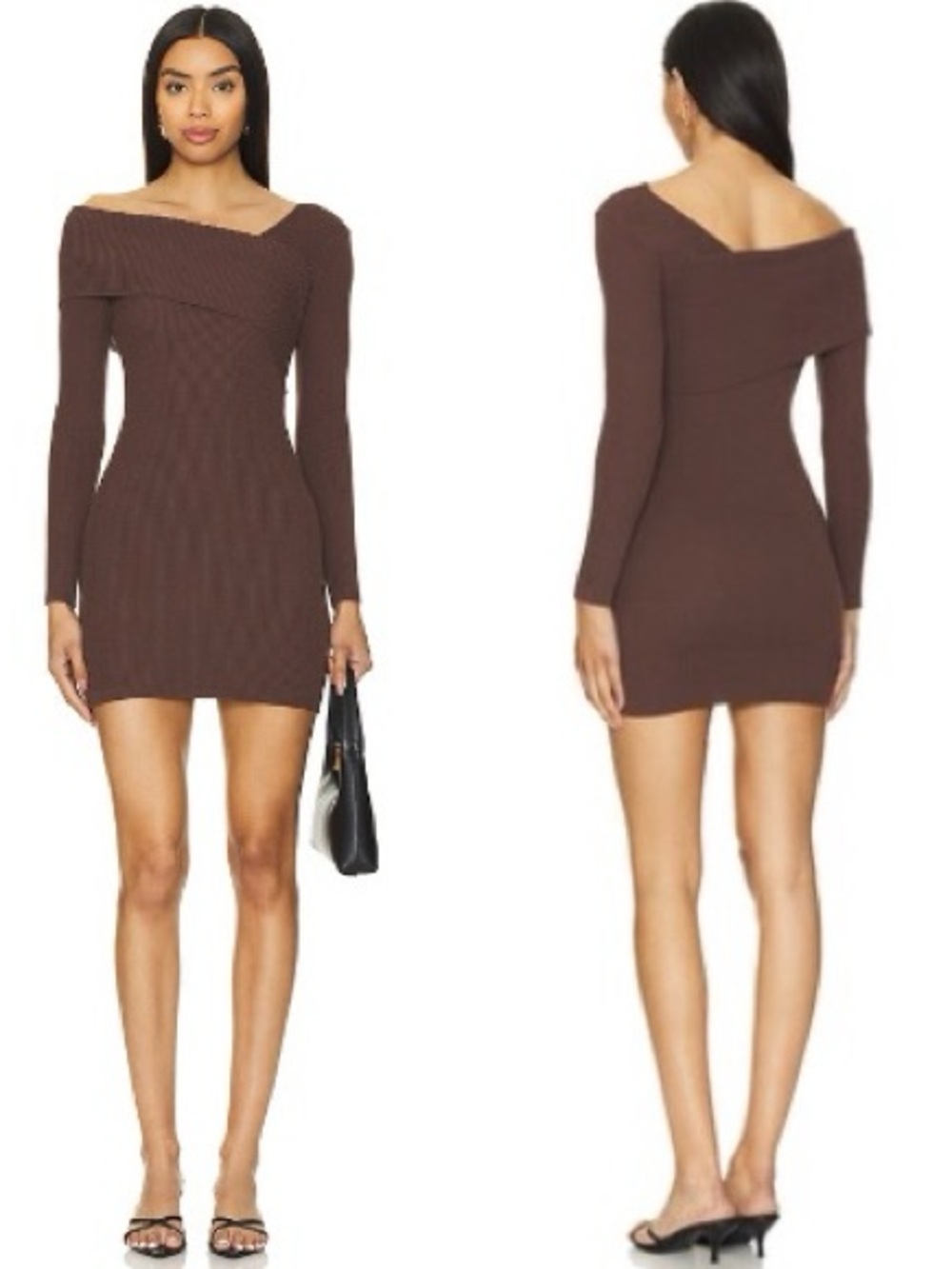 REVOLVE x SUPERDOWN Ysabel Off Shoulder Brown Ribbed Long Sleeve Mini Dress